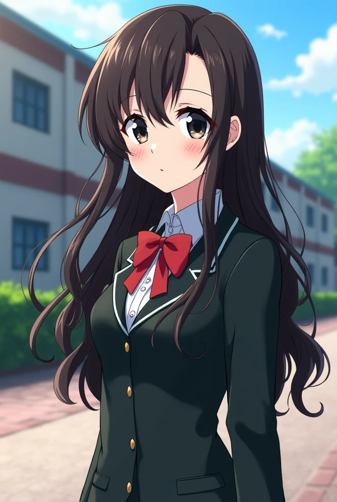 Screenshot of my hero academia. Beautiful girl of 1.48 cm, white teas, with long dark brown medium wavy hair, a slight fringe on the right side of the forehead with black eyes, thin v-shaped face big eyes, heart shaped lips, how to jang wonyoung, very thin with big breasts, tiny waist and big hips wearing the UA uniform with the school yard in the background 
