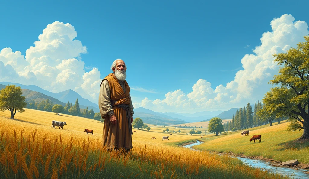"Create an image of Job as a very old man , , with a clear sky on a very prosperous farm according to what God made it prosper