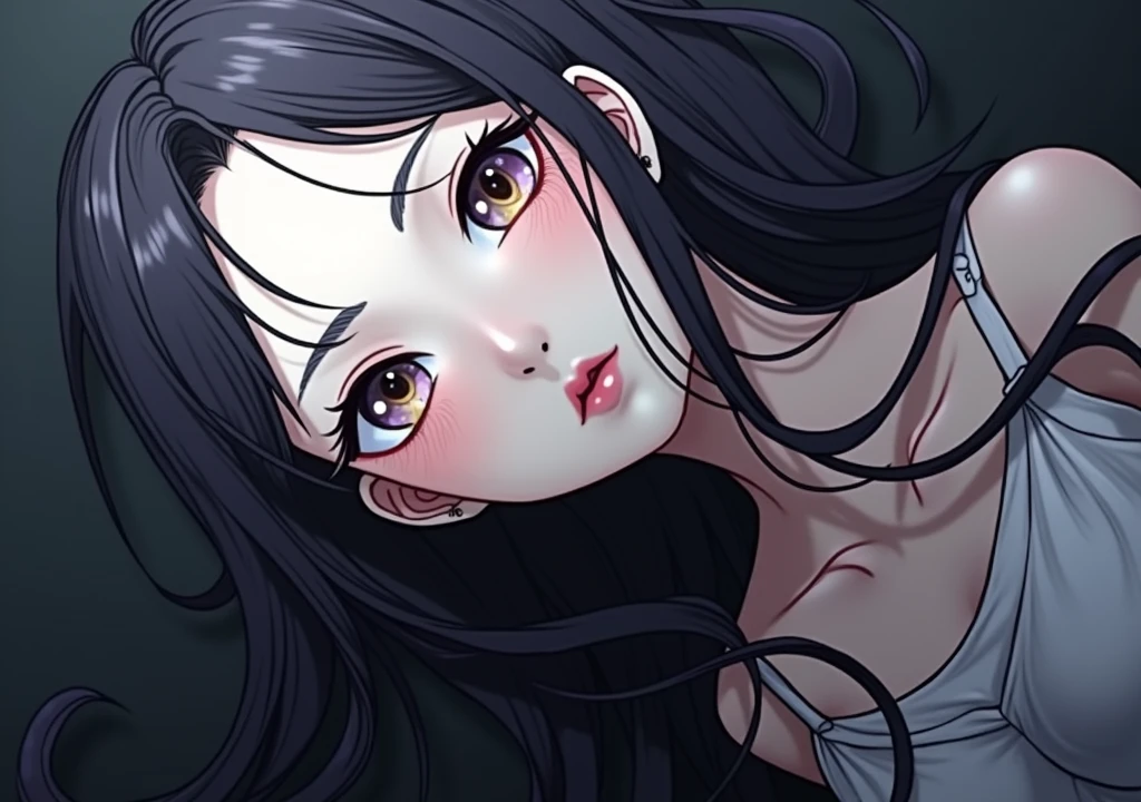 1 Asian girl, 15year old, long black hair, striking and extraordinary look, unique beauty, small and round nose, thick and pink mouth, big eyelashes, curved and beautiful, skin fair, pint in the nose, on the cheek and chin near the mouth, PICTURE REALISTIC, Extreme realism, 8 k quality