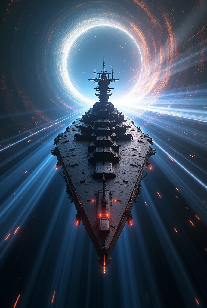 masterpiece,Highest quality,Ultra-high resolution,(Very detailed),8k,wallpaper,Realistic,(DSLR Canon style),(A battleship-shaped spaceship performs warp travel.:2.0),(sf:2.0),(A streamlined spaceship resembling the Yamato battleship:2.0),(dynamic),(Beautiful particles of light are emitted from the wave engine at the stern.:2.0),(Representing superluminal speed with a beautiful line of light:2.0),(((The background is a wormhole and subspace.:2.0))),(Motion Blur)
