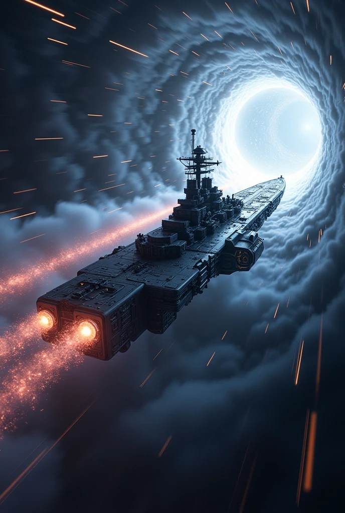 masterpiece,Highest quality,Ultra-high resolution,(Very detailed),8k,wallpaper,Realistic,(DSLR Canon style),(A battleship-shaped spaceship performs warp travel.:2.0),(sf:2.0),(A streamlined spaceship resembling the Yamato battleship:2.0),(dynamic),(Beautiful particles of light are emitted from the wave engine at the stern.:2.0),(Representing superluminal speed with a beautiful line of light:2.0),(((The background is a wormhole and subspace.:2.0))),(Motion Blur)