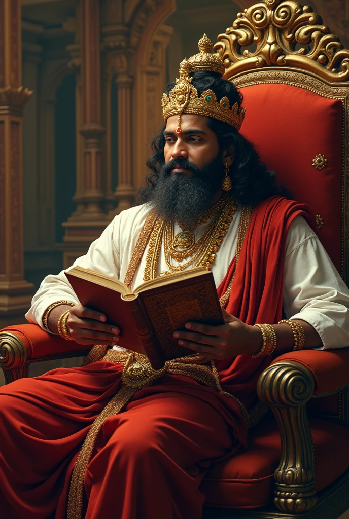 ((best quality)), ((masterpiece)), (detailed),Kerala king mahabali reading book on his chair