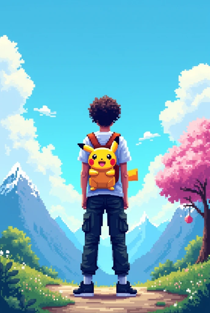 YouTube channel banner,theme pixelated blue sky with clouds,and a guy with curly hair,black cargo pants,white t shirt with a ganger Pokemon backpack.angle is the character in middle photo taken from back side and about 8feet away,more back and a little higher altitude make the angle more back and a Pikachu backpack make it more farr make the character straight and make the image atleast 20 feet away make the backpack a little small and expand the image with a mountain with some snow on top on the left side and a blossom tree at right side make it pixelated and a Pikachu backpack and black Jordan shoes,shoes is solid black make the Pikachu smiling and more cute and he has a skateboard in his left hand,make the skateboard matching to the environment make the image straight and pixelated and a little far back remove skateboard and make backpack a little small and make the image in 16:9 ratio make the character straight and the whole backpack is Pikachu theme make the image pixelated and hair curly and the character straight and about 20 feet away from the backside make the character face straight and the photo is taken from backside make him tall and no skateboard