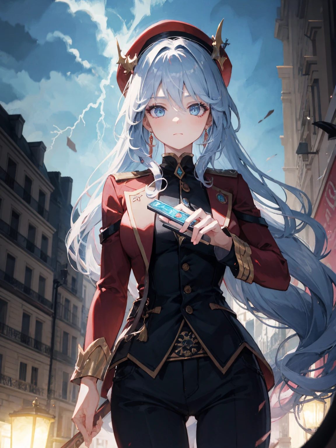 (realistic:0.2), anime illustration, 1girl,, red coat, big red hat, in paris france, sfw, black pants, black office shirt,, carmen sandiego,, blue sky,, long hair,, dramatic lightning, lights, epic lights, light on face, face light, lit face, fill lamp, fill light, ((masterpiece)), (carmen_sandiego_v1-1_shurik-2000:0.6)