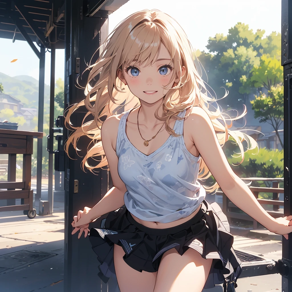 reasonable design, Clear lines, High Sharpness, (highest quality,8K,Perfect sharpness,Ultra fine,High resolution,masterpiece:1.2), Perfect Anatomy:1.5, Official Art, Illustrations that tell a story, (Whitish background:0. 9）、Body Positivity、More Mr.Physical expression、（Random and mischievous poses）、Perfect beauty、Perfect beautiful face、Strong winds、A rich expression、Dynamic composition、smile、Golden ratio composition、colorful、（Mr.Different angles and perspectives）、anime art、mini skirt、（Overcoming stereotypes）、 Glowing Skin、（Natural beauty）、smile、bangs、Straight blonde Hair、（Soft and flowing hair）、（Rural Scenery）、（Nostalgic atmosphere）、Insert up to the thighs、（Playful and carefree）、（More Mr.Ethnic characters）、（innocent attitude）、（Sunny atmosphere）、Skirt flipped up and showing panties、（Bright colors）、Belly button exposed、Beautiful blue Eyes、A skirt fluttering in the wind、Put it in to your feet、Some composition patterns、Tank top、sensuous、Geometric pattern、、(SOLO)