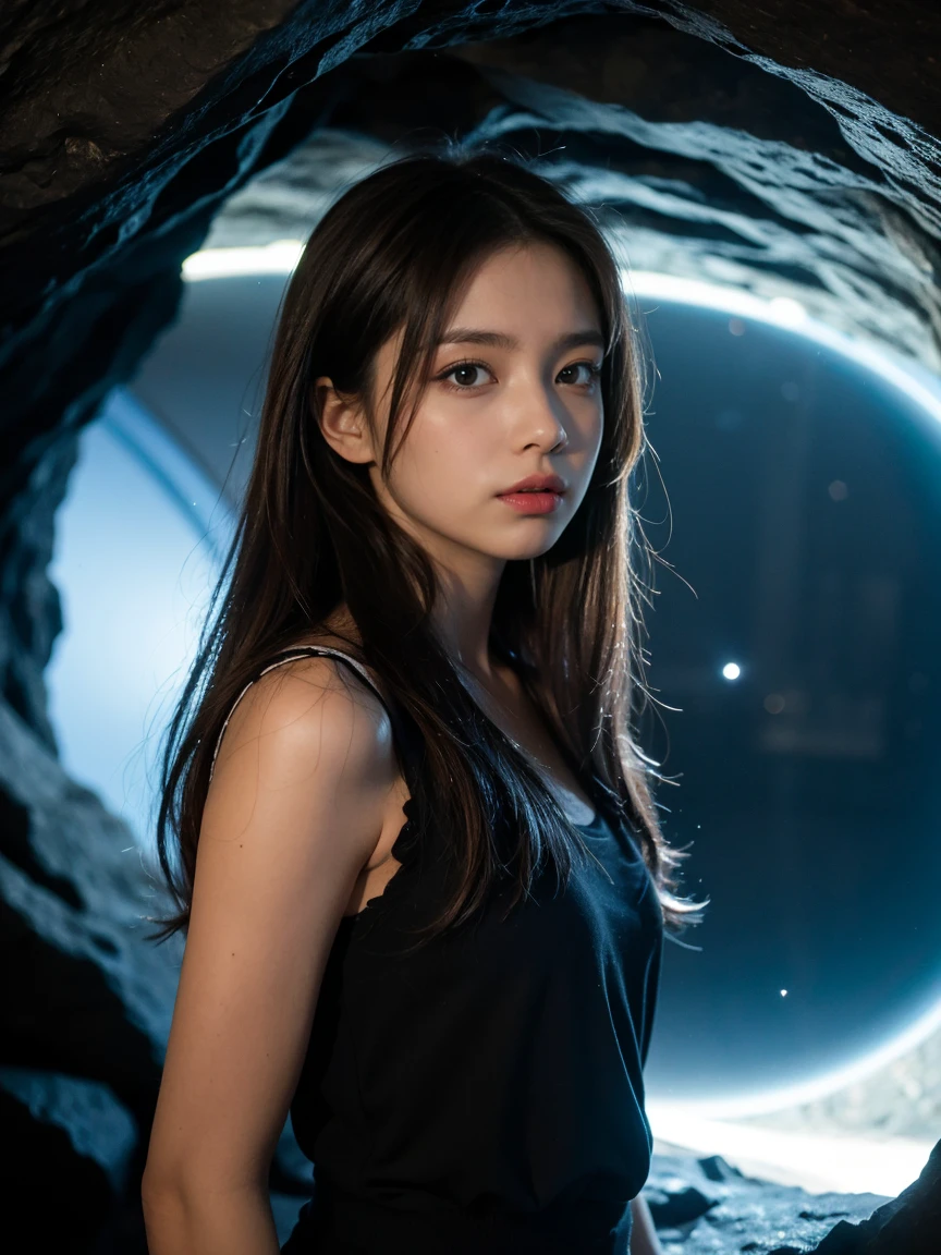 ((Top Quality)), ((Masterpiece)), ((Details)), upper body, ((close-up: 1.1)), More Saturation, strong reflections, bright shade, Place the girl in the foreground at large,
Shooting Star - Cave - Black Hole - Girl,
A vast, dark cave with a black hole swirling ominously in the distance. A young girl stands at the cave’s entrance, watching a meteor streak across the sky, her presence merging the mysteries of space and the innocence of youth.