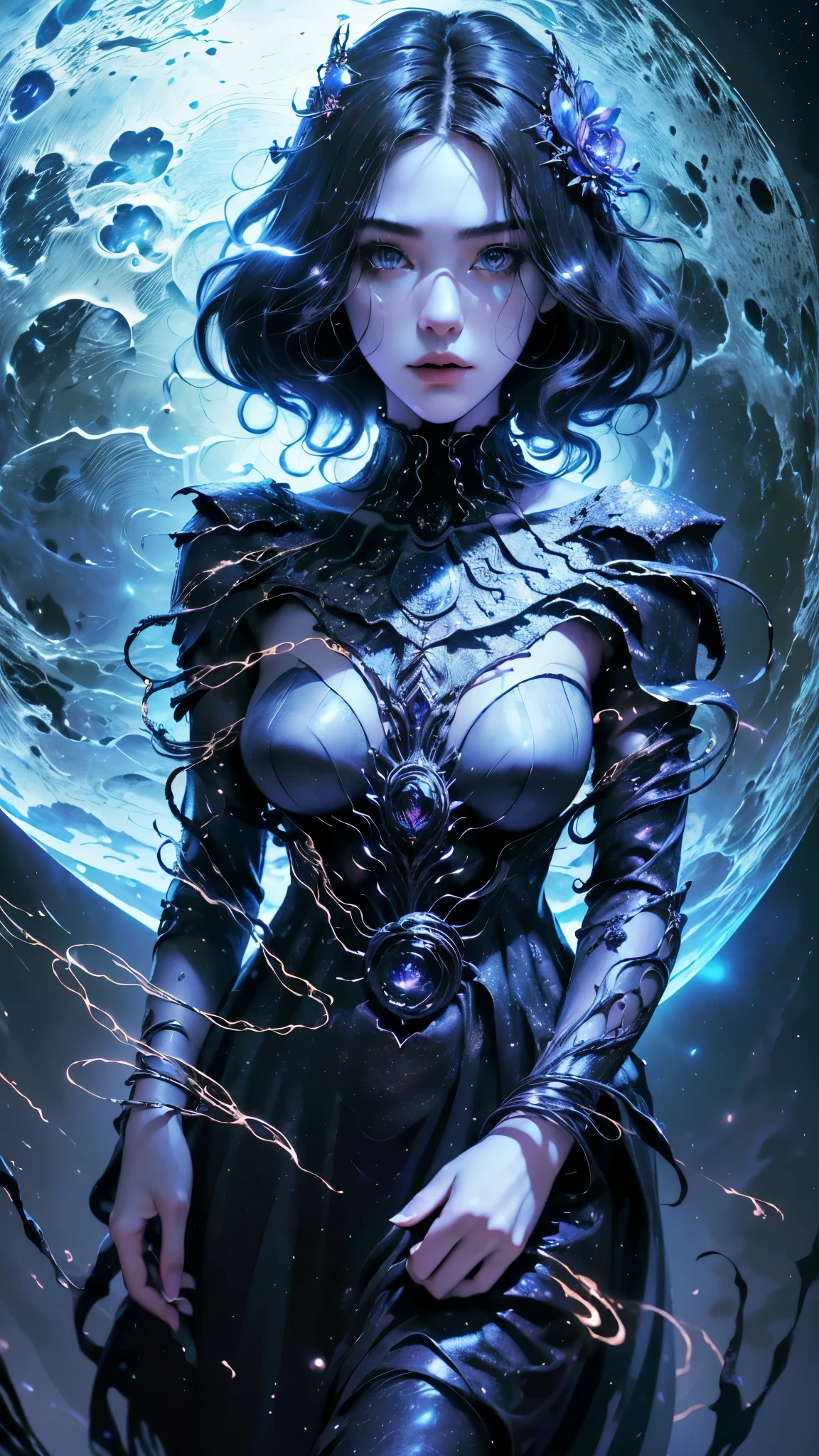 (masterpiece, best quality, highres, high resolution:1.2), extremely detailed, realistic, intricate details, 1girl, solo, looking at viewer, (abstract art:1.3), (dark theme:1.2), art, stylized, deep shadow, dark theme, cosmic dress, cosmic beauty, in space, nebula, (cinematic lighting, bloom, volumetric),