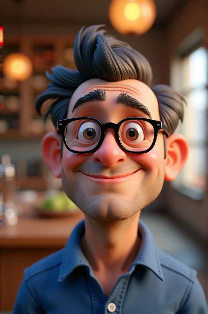 Cartoon character of a man with black glasses and a blue shirt, animation character, Caractere estilizado, animation style rendering, 3D estilizado, Arnold Maya render, 3 d render stylized, toon render keyshot, Personagem 3D, Personagem 3D, 3d rendering stylized, 3 d character render, personagem de desenho animado, Personagem de close up, Pose de personagem,  (Estilo Pixar) (master part:1.2) (Bokeh) (best quality) (pele detalhada) (textura detalhada) (8k) (argila) (Cinematic lighting) (foco nítido
