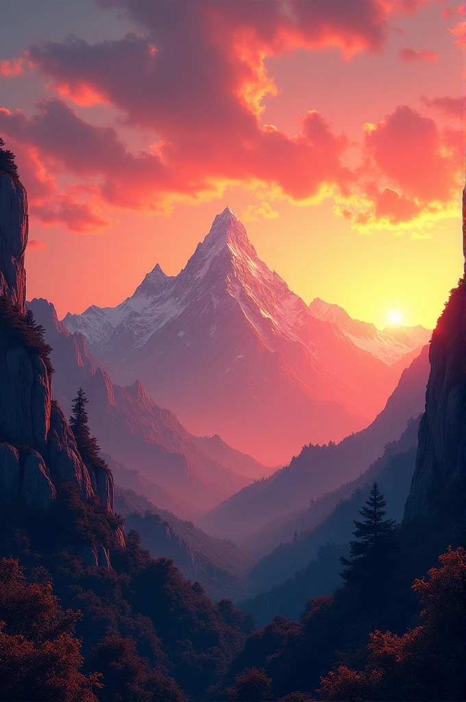 Mountain far away with a sunset