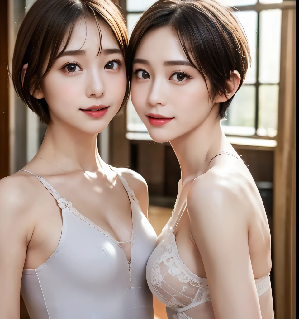 Highest quality、8k、Best image quality、Professional Lighting、Natural light、Ultra-high resolution、Clear photos、Beautiful and delicate skin、No makeup、slender、very cute３people、(Bian、same-sex love、Love each other)、White skin、(Very short hair:1.6)、Brown Hair、(Small breasts、Flat Chest)、Large erect nipples、Exquisite appearance、(Affectionate３people:1.8、kiss３people:1.8、Embrace each other:1.8、Put your lips on it:1.6)、Detailed Background、３people々idol group member:1.6、(Wearing white underwear:1.8、Tiny underwear、See-through underwear)、Full body photo、(Expressions of delight、Ecstasy)
