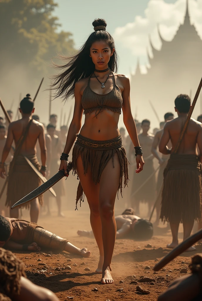 (Asian woman), ((หน้าbeautiful)), (detailed face), ((naked)) , ((See the beautiful back and buttocks)), ((loincloth)), with beautiful and intense facial features, She is engaged in fierce combat on an ancient Thai battlefield , surrounded by many warriors fighting and many injured or fallen. The scene is strong and intense , Beautiful girl with slim abdominal muscles: 1.4, Six pack abs: 1.4, Chest Botox, small, perfect athlete body, slim, (See the legs), legs details, (Barefoot) , (proportional figure), very detailed image, (In ancient ceremonies), (outdoor), (Many villagers), (In traditional Thai costume), (Stand and look) , realistic, Highly detailed, perfect composition , beautiful, There are complicated details., Incredible detail , Artistic photography in 8k, There are too many details., Masterpiece