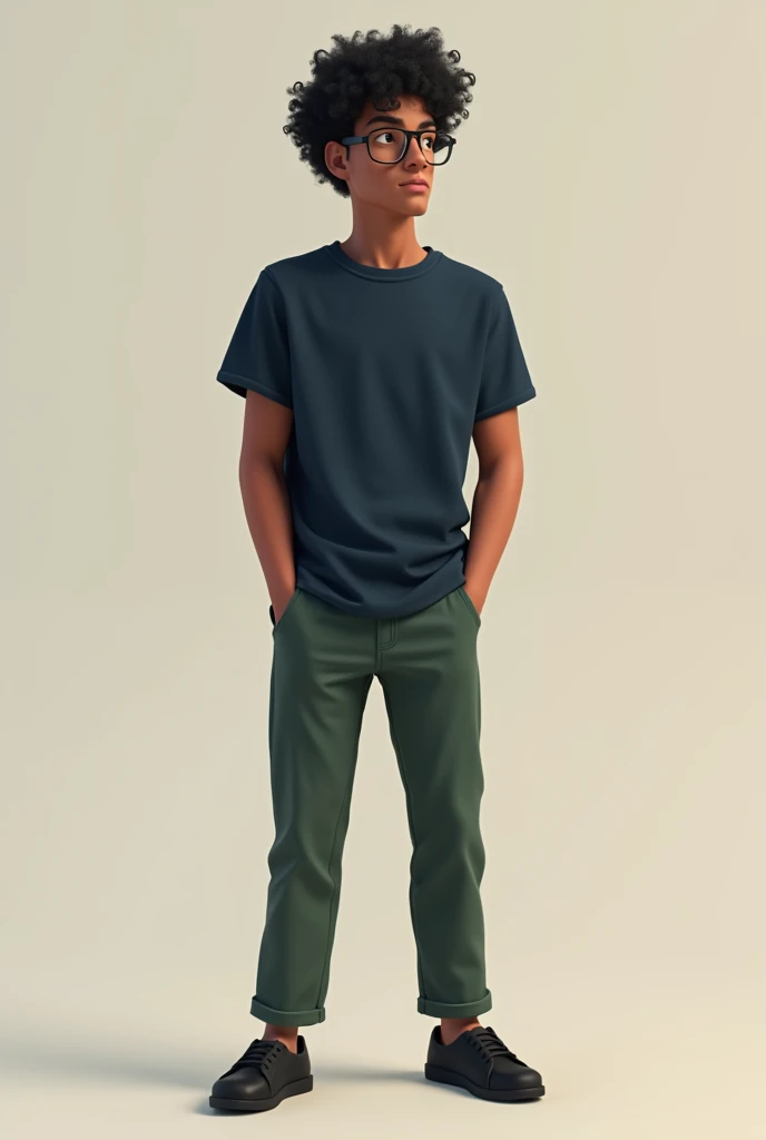 man, curly black hair, dark brown eyes, with glasses, high, dark blue t-shirt, green pants, with black shoes 