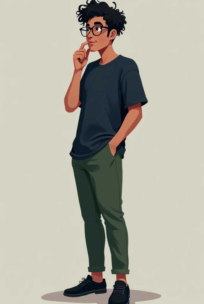 man, curly black hair, dark brown eyes, with glasses, high, dark blue t-shirt, green pants, with black shoes