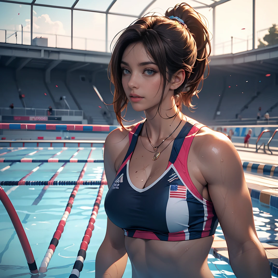 Pretty Caucasian (female), Sarah Shahi, a slim but muscular body, huge breasts, dark brown messy hair, blue eyes, Beautiful girl, olympic Games, swimsuit, huge round breasts, cleavage, (((walking towards Olympic pool)), ((view from side)), dynamic angle, ponytail hair, dark brown hair, blue yes, (masterpiece:1.2), (best quality:1.2), (very aesthetic:1.2), (absurdres:1.2), (detailed background),newest,ai-generated, Wallpaper, (((realistic, photorealistic)))
