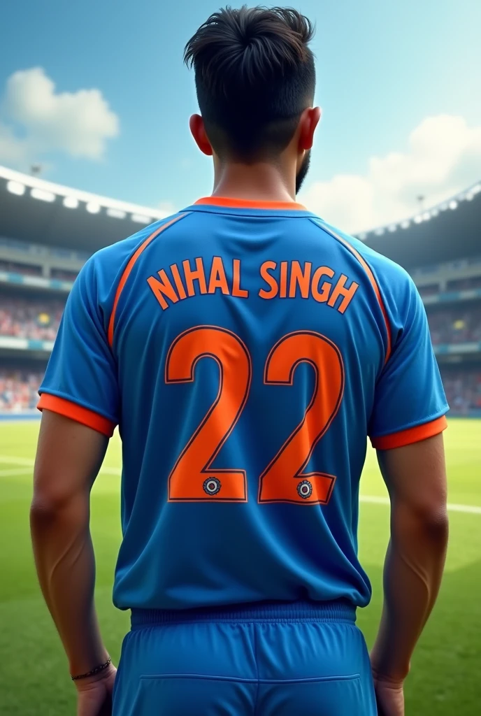 Create a Indian cricket team tshirt named NIHAL SINGH 22 in ground 