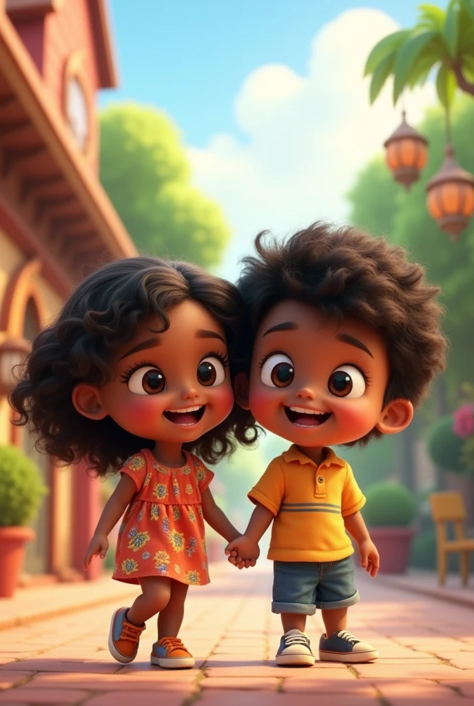 Animated twins image,  girl and boy. Dark complexion and wavy hair. They appear together in a happy and friendly environment