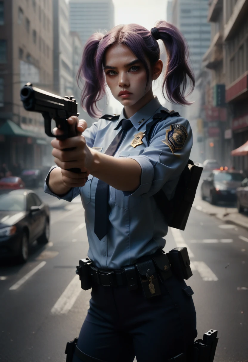 ((masterpiece)), ((best quality)), ((highres)), 1girl, solo, police officer, (matching pants, slacks), city backdrop, (holding and aiming pistol, detailed pistol, glock 22, trigger discipline), standing, medium hair, (purple hair, twintails), (green eyes),