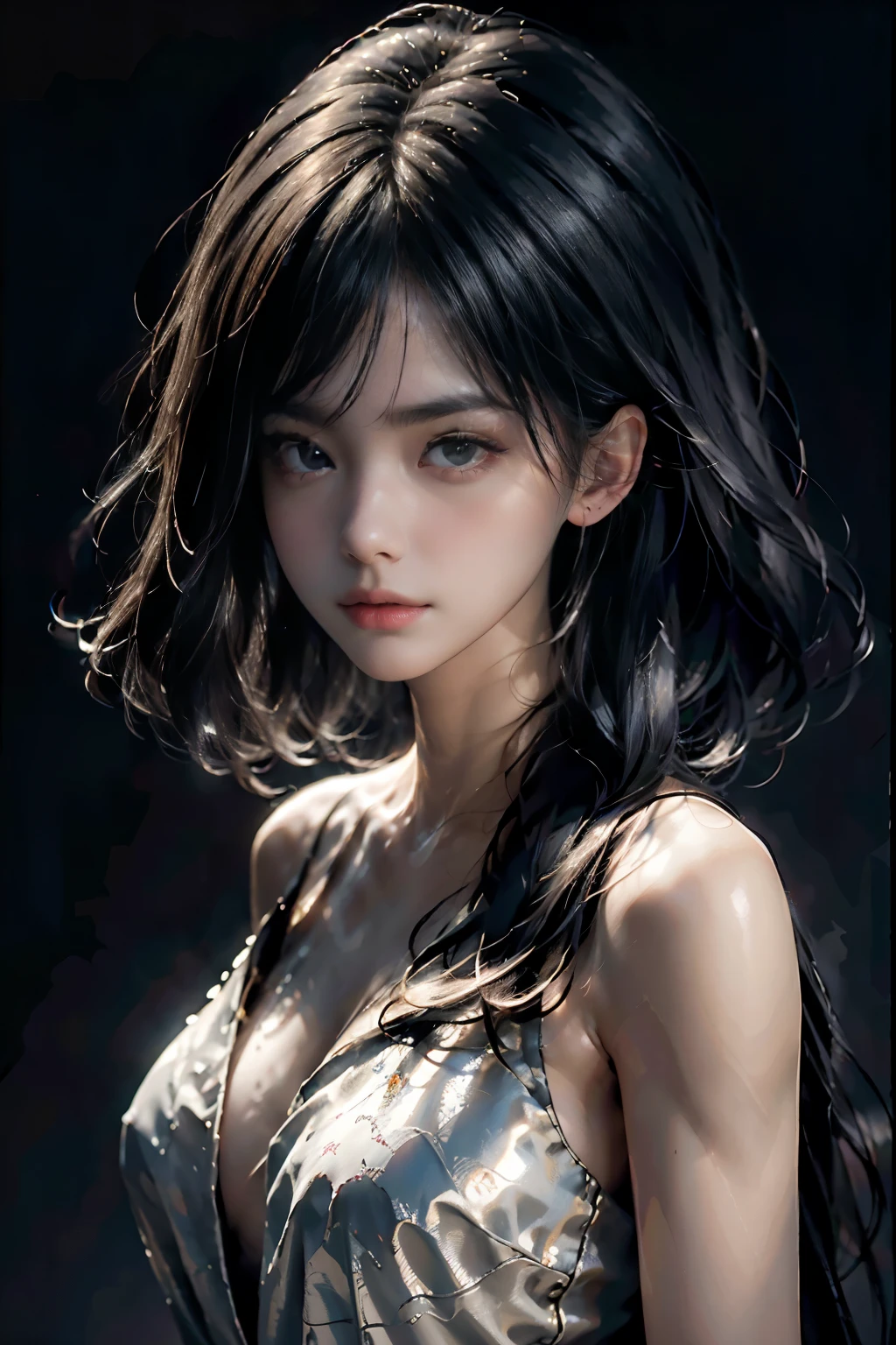 masterpiece, best qualitiy, RAW photos, realisticlying, A high resolution, hyper-detailing, Focus on the face, looking at viewer, Detailed eyebrows, realistic beautiful eyes, realistic glossy skin, straight Bangs, realistic movie lighting, detail shaded, high contrast, Slender, big boob, Big breasts, Exposed cleavage, open mouse, nsfw, Sexy face, Facial expressions when receiving pleasure, ((Dark background))