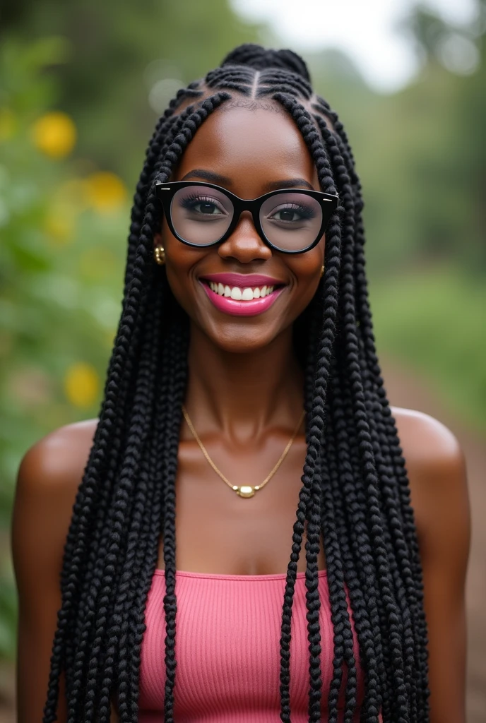 (photorealism:1.2), beautiful Kenyan woman,22 years, beautiful eyes,sharp boobs,smiling,long braids,pink matte glossy lips,black oversized glasses with light grey lenses, standing , realistic details, nature shot.cardi b inspiration
