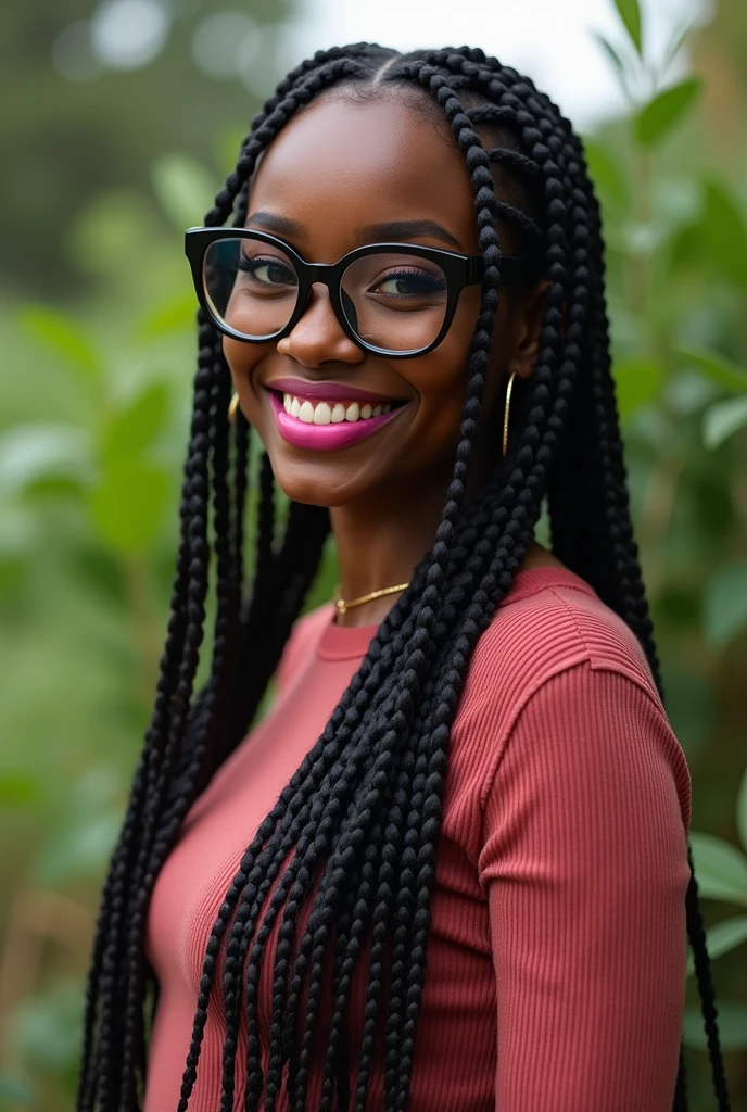 (photorealism:1.2), beautiful Kenyan woman,22 years, beautiful eyes,sharp boobs,smiling,long braids,pink matte glossy lips,black oversized glasses with light grey lenses, standing , realistic details, nature shot.cardi b inspiration