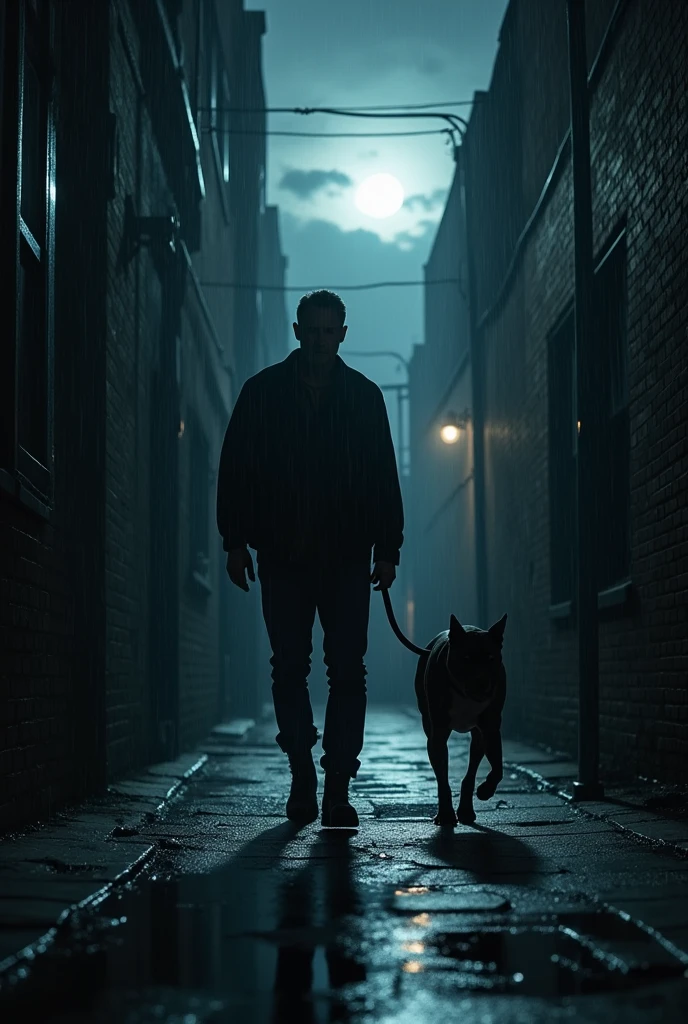 Man walking down an alley on a rainy night, with a pitbull on a leash, the moonlight illuminates them