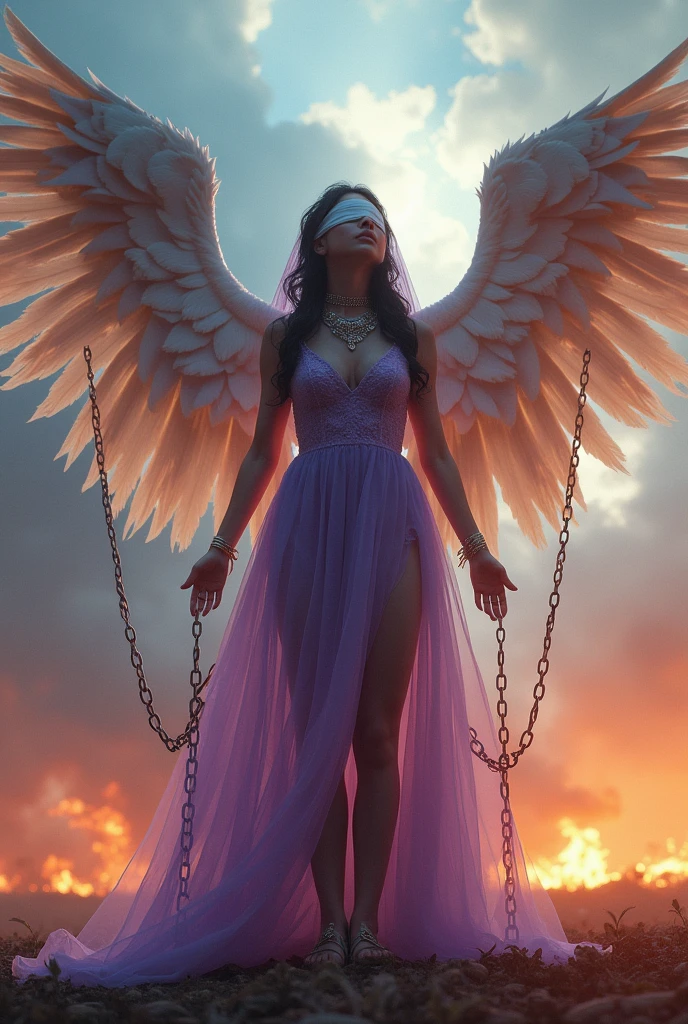 Epic CG masterpiece,a woman dressed in an angelic outfit in chains,delicate face,hdr,dtm,full ha,8K,ultra detailed graphic tension,dynamic poses,stunning colors,3D rendering,surrealism,cinematic lighting effects,realism,00 renderer,super realistic,full - body photos,super vista,super wide Angle,rich details,highest quality,extremely exquisite,1girl,(a chain binds both hands:1.2),wings,solo,arms up,(tied_wrist:1.2),(restrained, cuffs, handcuffs:1.2),tied_wrist,dress,blindfold,violet dress,jewelry,veil,choker,ring,own hands together,(white wing:1.2),feathered wings,covered eyes,halo,Fire,battlefield,(full body:1.5),(long legs:1.3)),