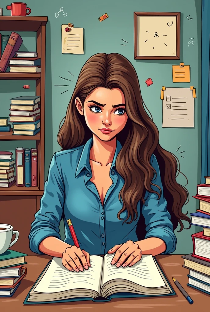 Woman doing studying for entrance exam comic style long hair with denim shirt 
