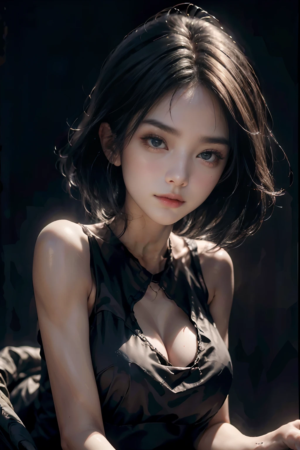 masterpiece, best qualitiy, RAW photos, realisticlying, A high resolution, hyper-detailing, Focus on the face, looking at viewer, Detailed eyebrows, realistic beautiful eyes, realistic glossy skin, straight Bangs, realistic movie lighting, detail shaded, high contrast, Slender, big boob, Big breasts, Exposed cleavage, open mouse, nsfw, Sexy face, Facial expressions when receiving pleasure, ((Dark background))