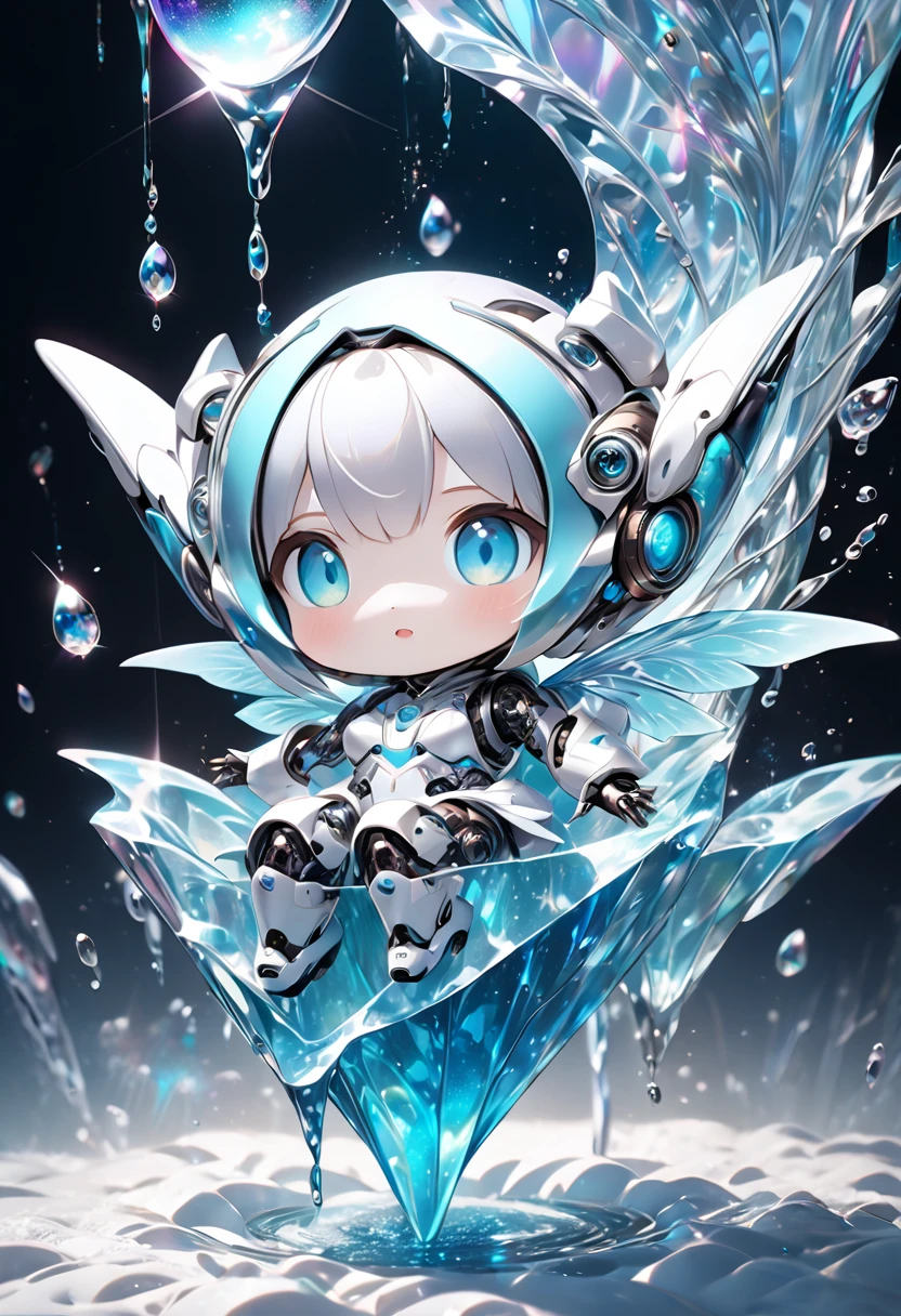 conceptual installation fantasy art, cute chibi animal-based android cyborg trapped in a falling ice drop, background iridescent metallic Tiffany Blue, (ultra detailed, absolutely resolution, best quality:1.3), 2.5D, delicate and dynamic effects, glitter effects, artistic photography, hyper realistic, graphic CG digital art