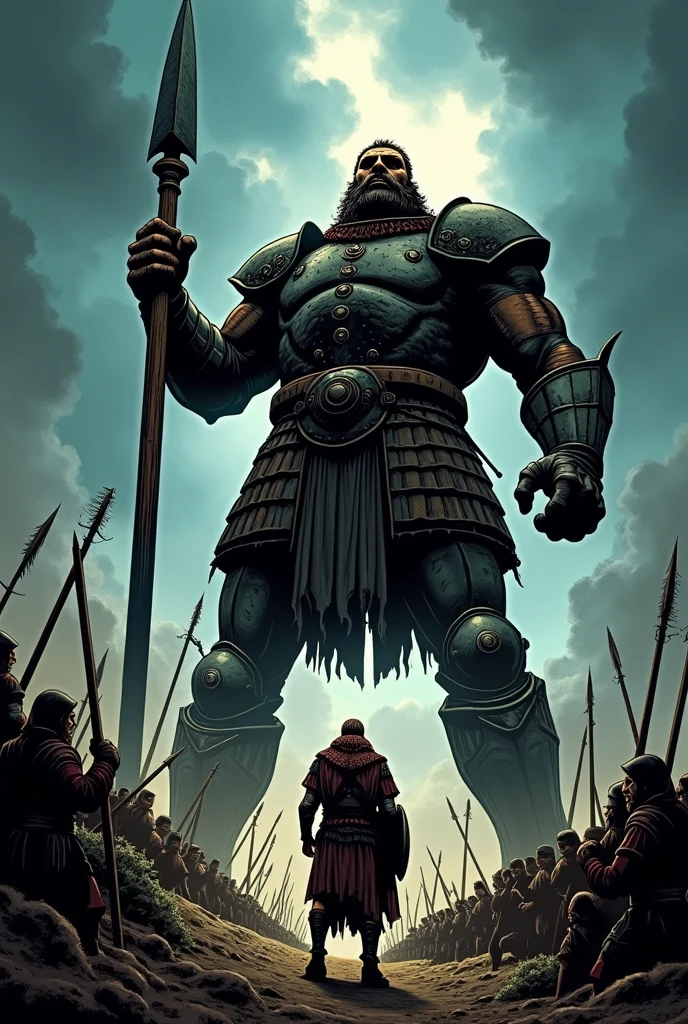 Panel 1: Goliath is shown in the Philistine camp, towering over soldiers with his heavy armor and massive spear. His face is fierce and intimidating. The Philistine camp is depicted with dark, ominous clouds overhead, and Goliath’s challenge echoes across the valley.
Panel 2: The Israelite camp is shown on the opposite hill, with King Saul and Israelite soldiers looking worried. Goliath’s challenge is seen in a speech bubble: “Send out a champion to fight me!” Soldiers are depicted as frightened and hesitant. (comic book)