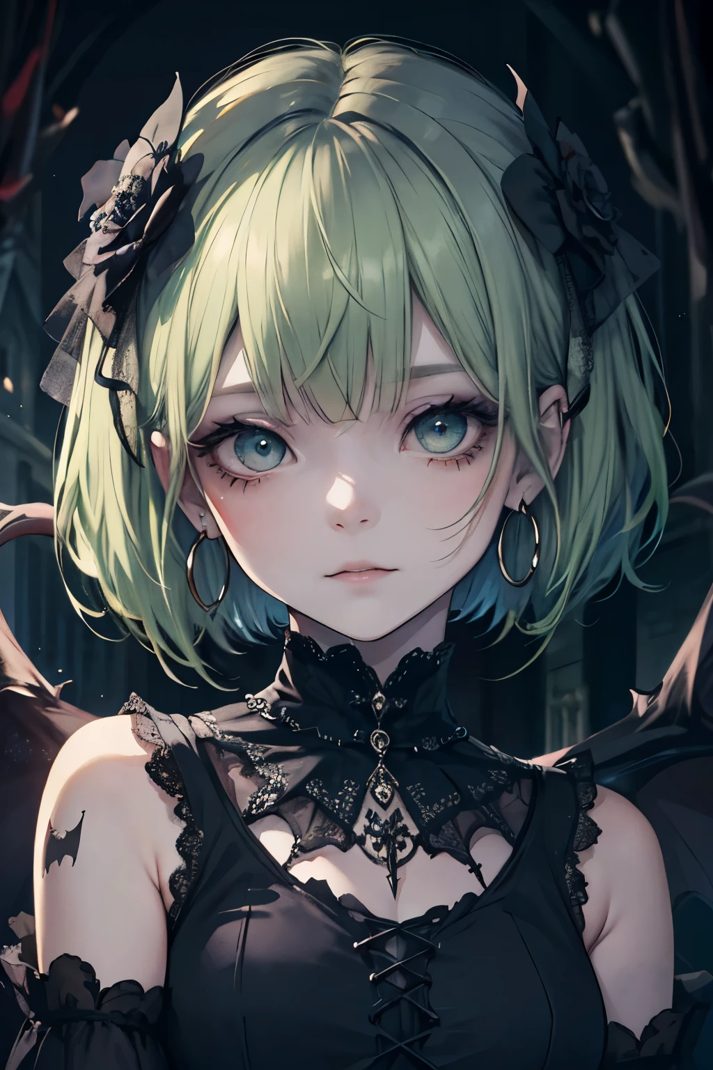 ((masterpiece)), ((best quality)), perfect detailed eyes, perfect detailed face, green hair, short hair, forehead jewel, hollow eyes, hoop earrings, makeup, turn pale, shaded, Baroque, cinematic lighting, high quality, accurate, 8k, Vampire, gothic ****ta style dress, dark blue dress, bats in the background