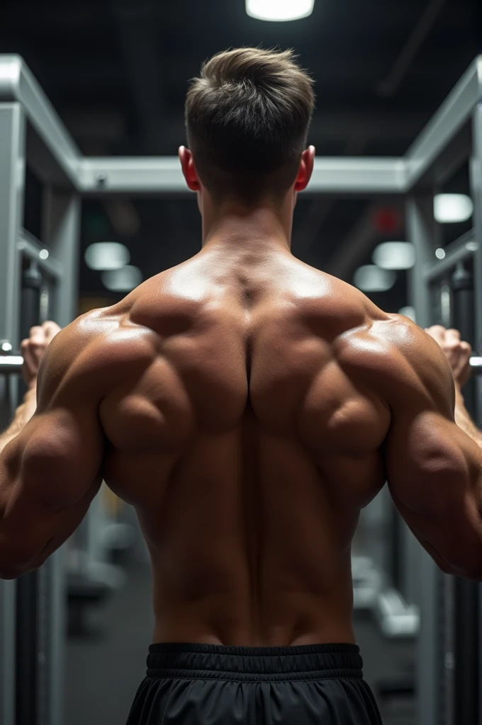 A person's back with only lat pull down