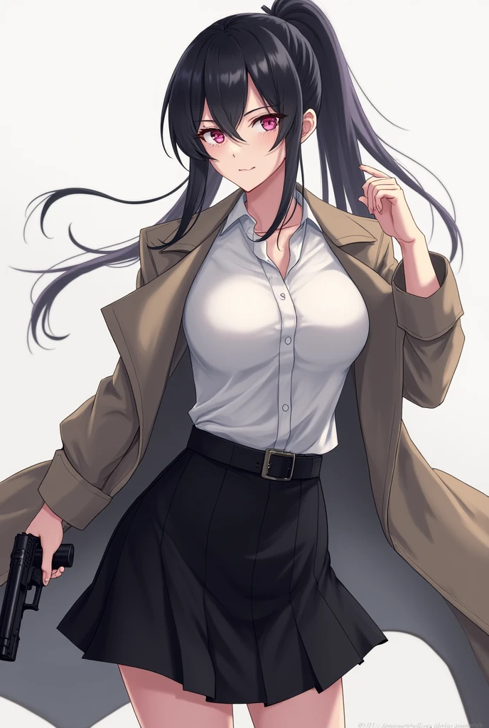 (ponytail forehead hair pulled back):1.3, black hair, weating trench coat, holding glock with white shirt and black skirt standing badass, anime style, from girls frontline, fine details. girls frontline, girls frontline universe, girls frontline style, girls frontline, girls frontline cg, soft anime illustration, 2 0 2 2 anime style, 2022 anime style, pixiv contest winner, pretty anime character design, render of april