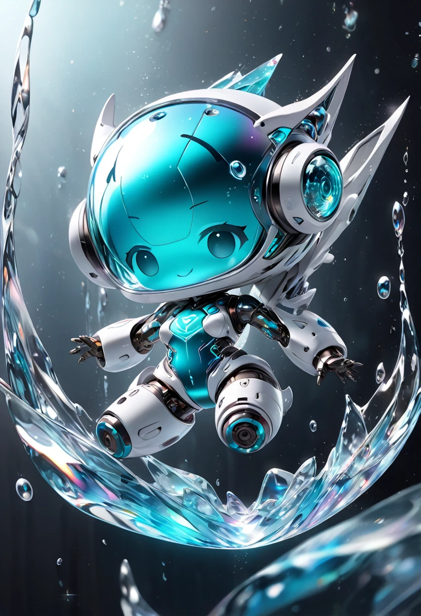 conceptual installation fantasy art, cute chibi animal-based android cyborg trapped in a falling ice drop, background iridescent metallic Tiffany Blue, (ultra detailed, absolutely resolution, best quality:1.3), 2.5D, delicate and dynamic effects, glitter effects, artistic photography, hyper realistic, graphic CG digital art