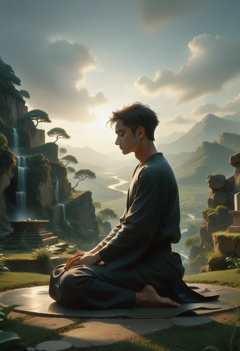 Create an image of a person meditating on a stunning landscape, this art needs to have fantastic lighting