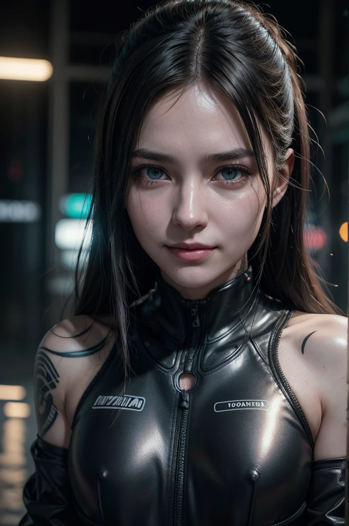 Cyberpunk detailed portrait (sks woman) (20 year old sks woman), futuristic neon reflective clothing, Science fiction, robot parts, ismail inceoglu dragan bibin hans thoma greg rutkowski alexandros pyromallis nekro rene margitte ilustrado, perfect face, ((tattoo)), (by the wide),, matte skin, pores, wrinkles, hyperdetailed, Hyper realistic,, changing lighting, Hasselblad Award Winner, Soft diffuse lighting, affected smile,, machine face, fine details, realistic shading, Intricate, elegant,