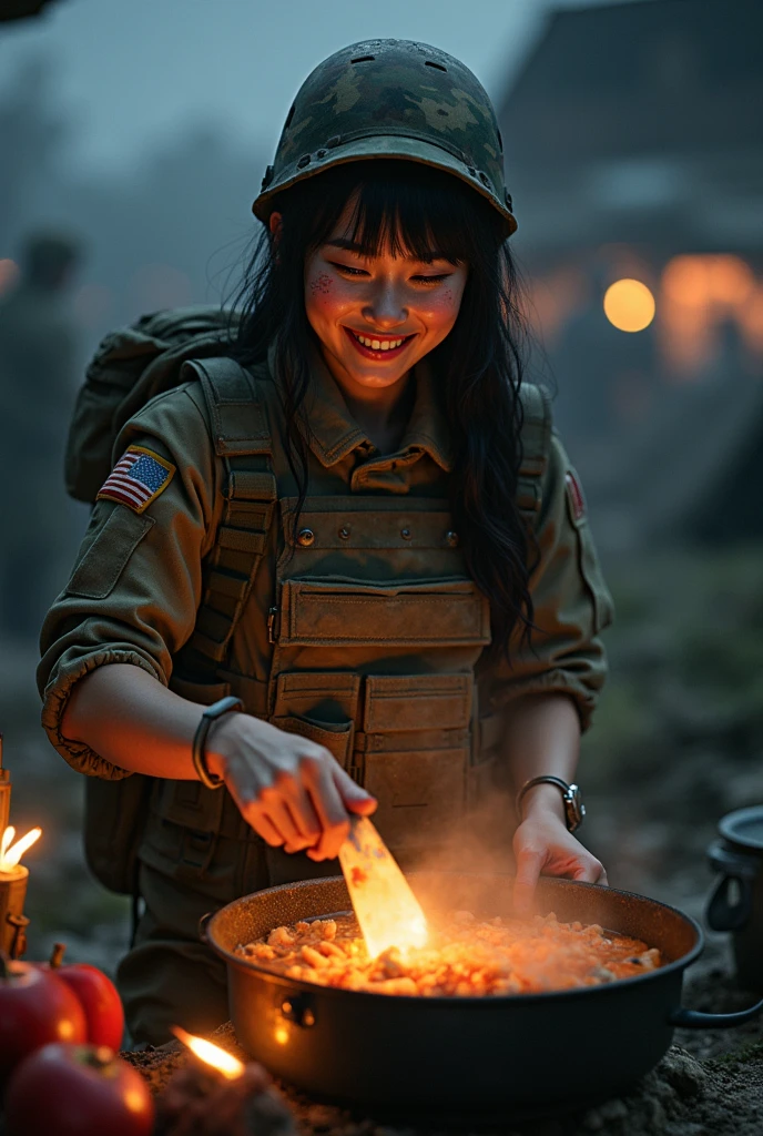 Photo-realistic, ultra-realistic, (very beautiful Japanese, famous Japanese idol:1.3), (Fully equipped for battle:1.5), (smile), (wearing an army soldier's Camouflage outfits with military helmet:1.5), (cooking with a large pot at a military camp near the battle field at night:1.3), very large breasts, (tactical vest, military harness:1.3), (military long boots:1), dynamic angle, spectacular, injured, (muddied, damaged wears, damaged body:1.3),