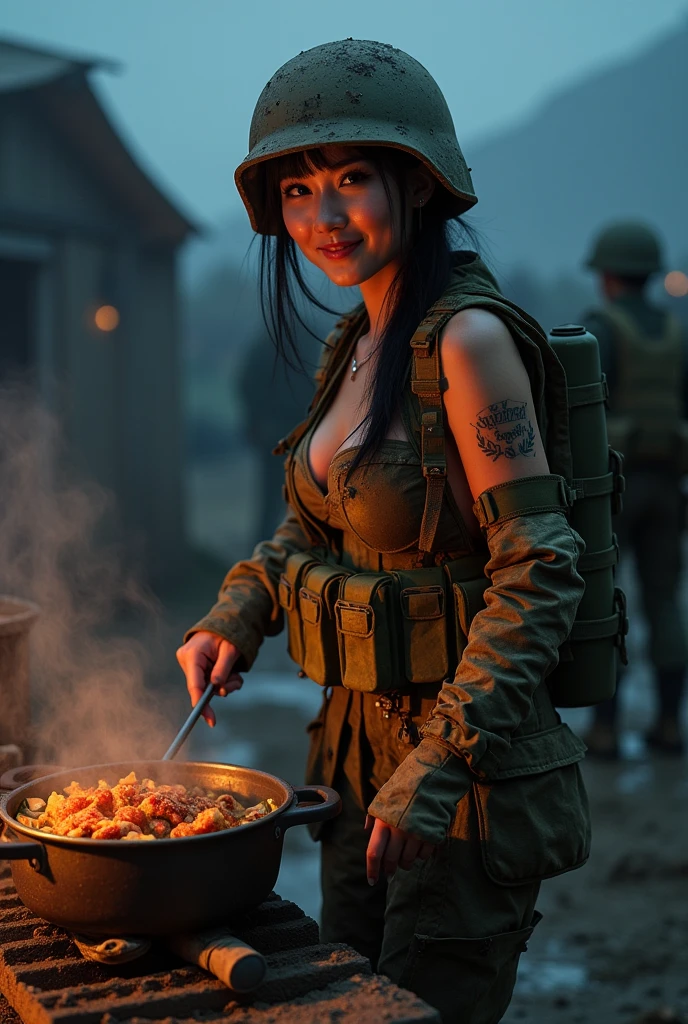 Photo-realistic, ultra-realistic, (very beautiful Japanese, famous Japanese idol:1.3), (Fully equipped for battle:1.5), (smile), (wearing an army soldier's Camouflage outfits with military helmet:1.5), (cooking with a large pot at a military camp near the battle field at night:1.3), very large breasts, (tactical vest, military harness:1.3), (military long boots:1), dynamic angle, spectacular, injured, (muddied, damaged wears, damaged body:1.3),