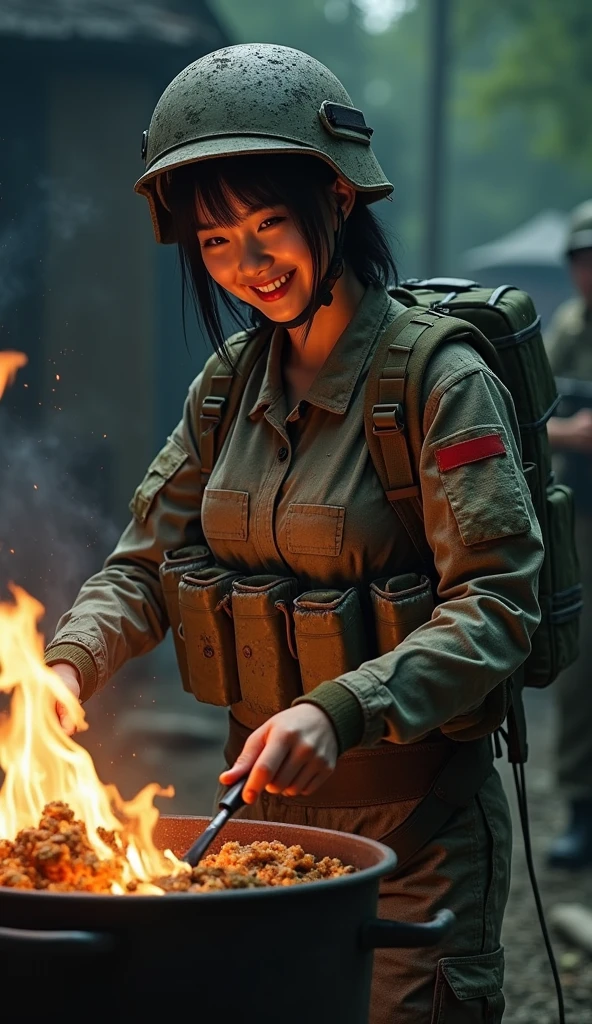 Photo-realistic, ultra-realistic, (very beautiful Japanese, famous Japanese idol:1.3), (Fully equipped for battle:1.5), (smile), (wearing an army soldier's Camouflage outfits with military helmet:1.5), (cooking with a large pot at a military camp near the battle field at night:1.3), very large breasts, (tactical vest, military harness:1.3), (military long boots:1), dynamic angle, spectacular, injured, (muddied, damaged wears, damaged body:1.3),