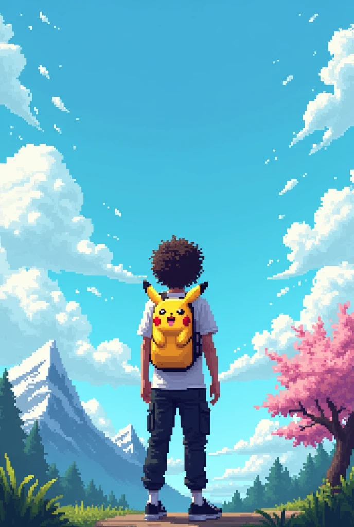 YouTube channel banner,theme pixelated blue sky with clouds,and a guy with curly hair,black cargo pants,white t shirt with a ganger Pokemon backpack.angle is the character in middle photo taken from back side and about 8feet away,more back and a little higher altitude make the angle more back and a Pikachu backpack make it more farr make the character straight and make the image atleast 20 feet away make the backpack a little small and expand the image with a mountain with some snow on top on the left side and a blossom tree at right side make it pixelated and a Pikachu backpack and black Jordan shoes,shoes is solid black make the Pikachu smiling and more cute and he has a skateboard in his left hand,make the skateboard matching to the environment make the image straight and pixelated and a little far back remove skateboard and make backpack a little small and make the image in 16:9 ratio make the character straight and the whole backpack is Pikachu theme make the image pixelated and hair curly and the character straight and about 20 feet away from the backside make the character face straight and the photo is taken from backside make him tall and no skateboard same image just a little back and remove backpack