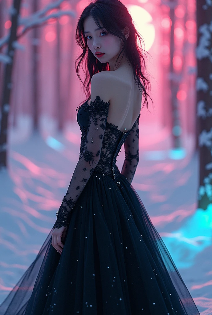 Japanese beauty killer black sexy wedding dress，，black style、(Fluorescent Color:1.4)、(translucent:1.4)、(Retro filter:1.4)、(fantasy:1.4)、Candy world Disney fantasy fluffy soft scenery forest snow avatar pink sky green blue glow dreamy lights soft soft glow rainbow stars diamond glitter gem background surreal ultra hd movie lighting huge details full hd full light、
