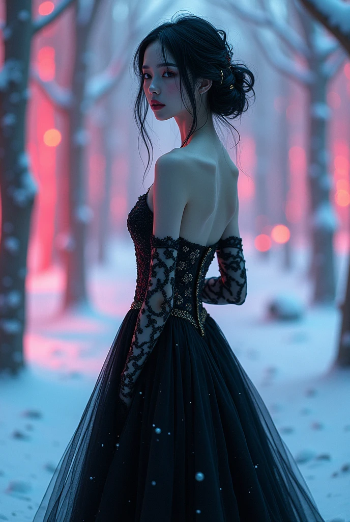Japanese beauty killer black sexy wedding dress,,black style、(Fluorescent Color:1.4)、(translucent:1.4)、(Retro filter:1.4)、(fantasy:1.4)、Candy world Disney fantasy fluffy soft scenery forest snow avatar pink sky green blue glow dreamy lights soft soft glow rainbow stars diamond glitter gem background surreal ultra hd movie lighting huge details full hd full light、