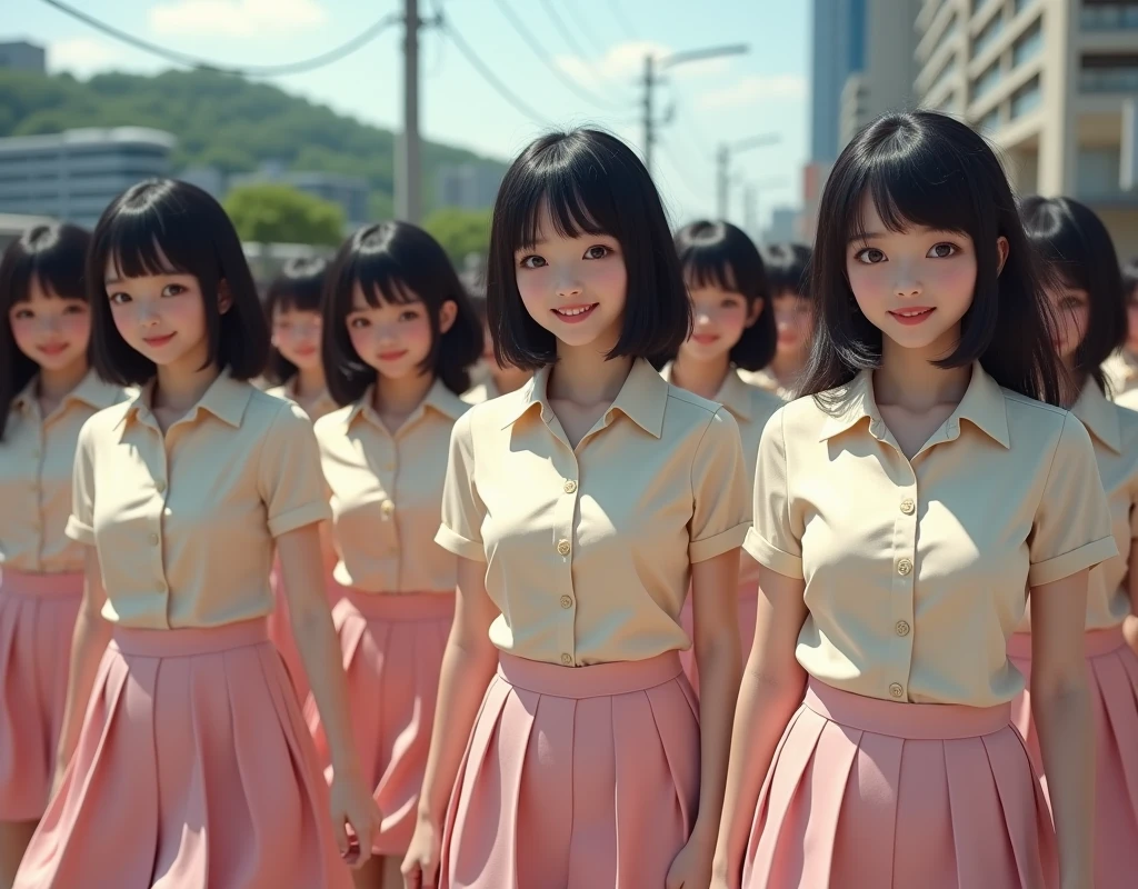 (((((Japanese Clone-girls=Myself))))), (((Super Best masterpiece Clone-girls Raw Photography Art))), (((16K, Highest quality, Ultra-high resolution, Real Photography, RAW Photos))), (((It's so unrealistic., With unparalleled depiction, With an unfathomable sight, An unprecedented and shocking worldview, Clone-girls: In a world of mass reproduction, Ultra-realistic))), (((Japanese Girls, Saito-Asuka, 18yo, Small face, Thick black hair, Semi-long hair, Dark Eyes, Mature face, Cute Smile, Smiling face, A gentle gaze, (((Very happy laughter)))))), (((Very beautiful detailed girls, Accurate body structure, Accurate body movements, Very detailed body, (((Super big breasts, Large bulge of ample breasts)))))), (((Summer Girls' School Uniform, Light beige short-sleeved shirt, I can see the cleavage, Emphasise the fullness of your breasts, Pink mini skirt))), ((((((((Very detailed, Myself cloning, Depiction of splitting oneself, 1Myself girl→1,000,000,000,000,000,000,000,000,000,000Myself cloning girls)))))))), (((((((Very detailed, Myself clone-girlsの, To the exact, Flawless, The same portrayal of a person, (((MyselfとFlawless同じ女体で, MyselfとFlawless同じ顔で, MyselfとFlawless同じ髪形で, MyselfとFlawless同じ服で, MyselfとFlawless同じ背丈で, MyselfとFlawless同じSuper big breasts)))))))))), (((((Myself girls only))))), (((((1,000,000,000,000,000,000,000,000,000,000Myself girls))))), (((Very detailed, Extremely crowded, Body-to-body contact with no gaps))), (Bright and soft lighting), (((((Clear and accurate perspective depiction, super wide view, Ultra-wide field of view, Focus on the average value of the image))))), (((((Very detailed depiction, More than a few thousand Myselves, Physical contact, Pleasant conversation, Holding hands, Hug, walk))))), In a place where you can see a hill in the city