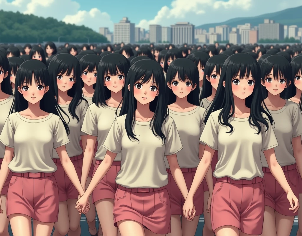 (((((Japanese Clone-girls=Myself))))), (((Super Best masterpiece Clone-girls Raw Photography Art))), (((16K, Highest quality, Ultra-high resolution, Real Photography, RAW Photos))), (((It's so unrealistic., With unparalleled depiction, With an unfathomable sight, An unprecedented and shocking worldview, Clone-girls: In a world of mass reproduction, Ultra-realistic))), (((Japanese Girls, Saito-Asuka, 18yo, Small face, Thick black hair, Semi-long hair, Dark Eyes, Mature face, Cute Smile, Smiling face, A gentle gaze, (((Very happy laughter)))))), (((Very beautiful detailed girls, Accurate body structure, Accurate body movements, Very detailed body, (((Super big breasts, Large bulge of ample breasts)))))), (((Summer Girls' School Uniform, Light beige short-sleeved shirt, I can see the cleavage, Emphasise the fullness of your breasts, Pink mini skirt))), ((((((((Very detailed, Myself cloning, Depiction of splitting oneself, 1Myself girl→1,000,000,000,000,000,000,000,000,000,000Myself cloning girls)))))))), (((((((Very detailed, Myself clone-girlsの, To the exact, Flawless, The same portrayal of a person, (((MyselfとFlawless同じ女体で, MyselfとFlawless同じ顔で, MyselfとFlawless同じ髪形で, MyselfとFlawless同じ服で, MyselfとFlawless同じ背丈で, MyselfとFlawless同じSuper big breasts)))))))))), (((((Myself girls only))))), (((((1,000,000,000,000,000,000,000,000,000,000Myself girls))))), (((Very detailed, Extremely crowded, Body-to-body contact with no gaps))), (Bright and soft lighting), (((((Clear and accurate perspective depiction, super wide view, Ultra-wide field of view, Focus on the average value of the image))))), (((((Very detailed depiction, More than a few thousand Myselves, Physical contact, Pleasant conversation, Holding hands, Hug, walk))))), In a place where you can see a hill in the city
