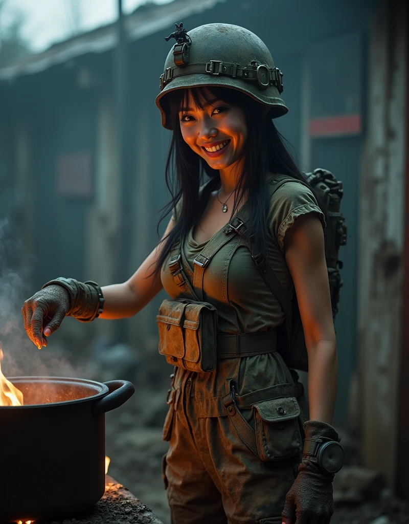 Photo-realistic, ultra-realistic, (very beautiful Japanese, famous Japanese idol:1.3), (Fully equipped for battle:1.5), (smile), (wearing an army soldier's Camouflage outfits with military helmet:1.5), (cooking with a large pot at a military camp near the battle field at night:1.3), very large breasts, (tactical vest, military harness:1.3), (military long boots:1), dynamic angle, spectacular, injured, (muddied, damaged wears, damaged body:1.3),
