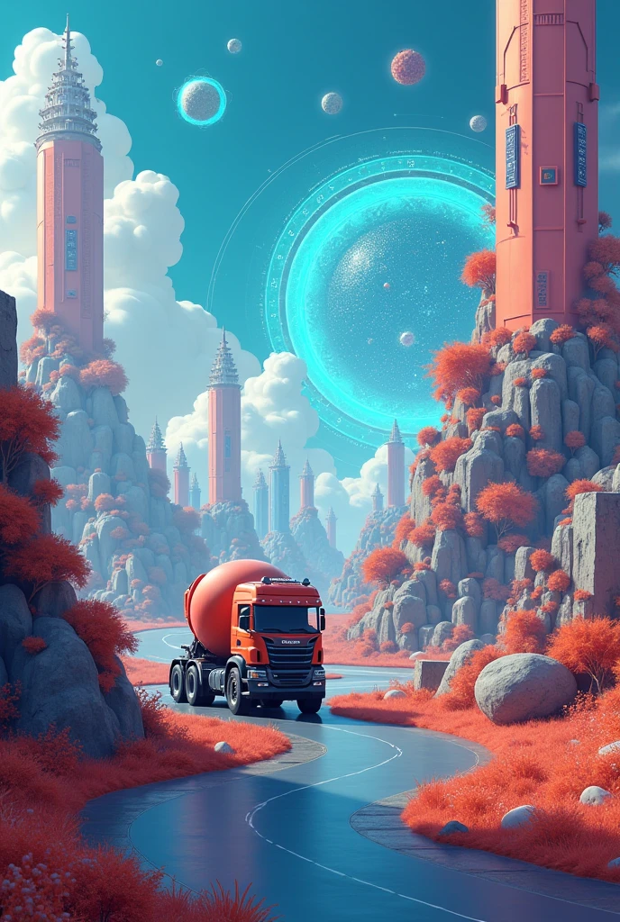 Create a technology whimsical background and a road in it. A concrete truck/ transit mixer driving on that road 