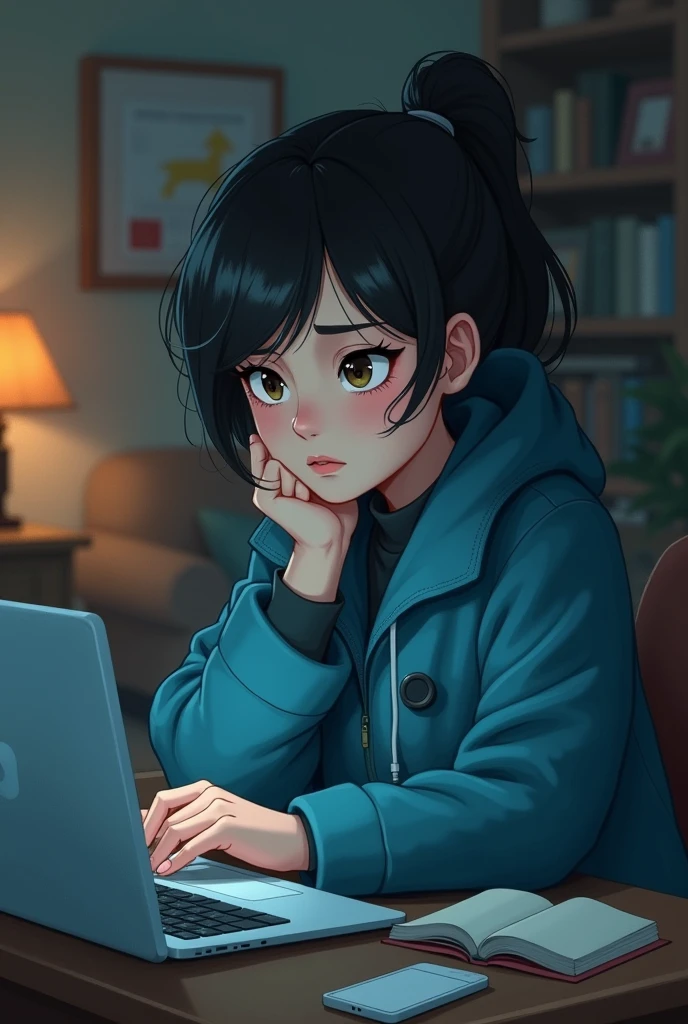 A GIRL TIRED OF WORKING ON LAPTOP IN BLUE COAT