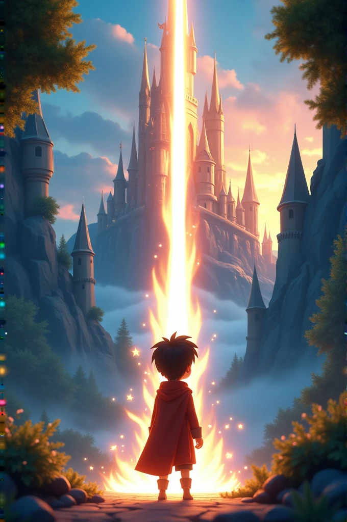 Janret in cinemetic 3d carton stail **"Aryan Transports to the Magical Castle":** A beam of light surrounds Aryan as he vanishes from the forest, reappearing in front of a massive, shimmering castle with towering walls and golden spires, set against a twilight sky