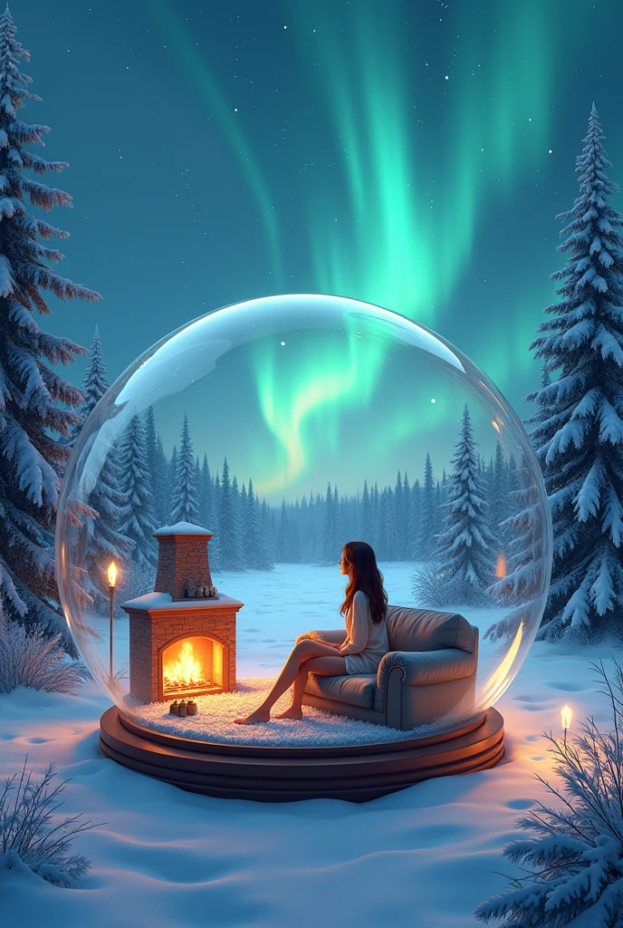 llustration art work. Fantasy art. There is a carpet and a fireplace inside the transparent snow globe, a lady in summer outfits is sitting on the sofa inside the transparent snow globe and looking out of the snow globe. Outside the snow globe, Snow Scenery spreads out Outside the snow globe. The aurora is shining in the night sky.