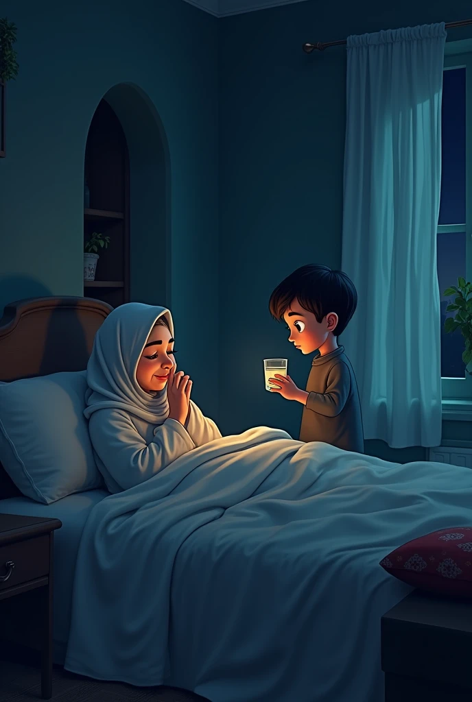 At night, a middle-aged lady is lying in bed with a blanket on her and is rubbing her eyes with both hands.
At his head stands a twelve-year-old boy with a glass of water in his hand.
The scene will be Arabic.